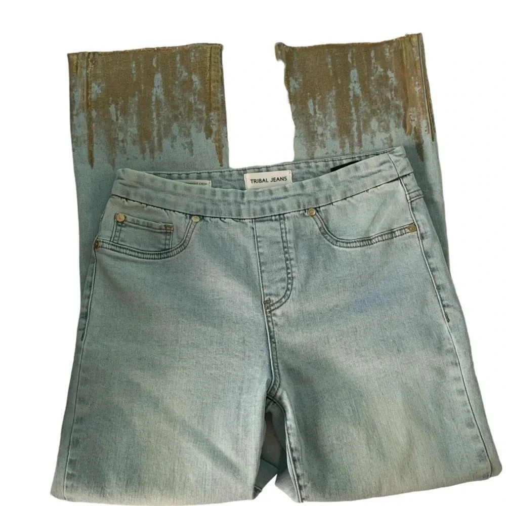Tribal Audrey Mid Rise Straight Crop Gold Dipped Pull On Jeans Size 4 - Picture 14 of 14